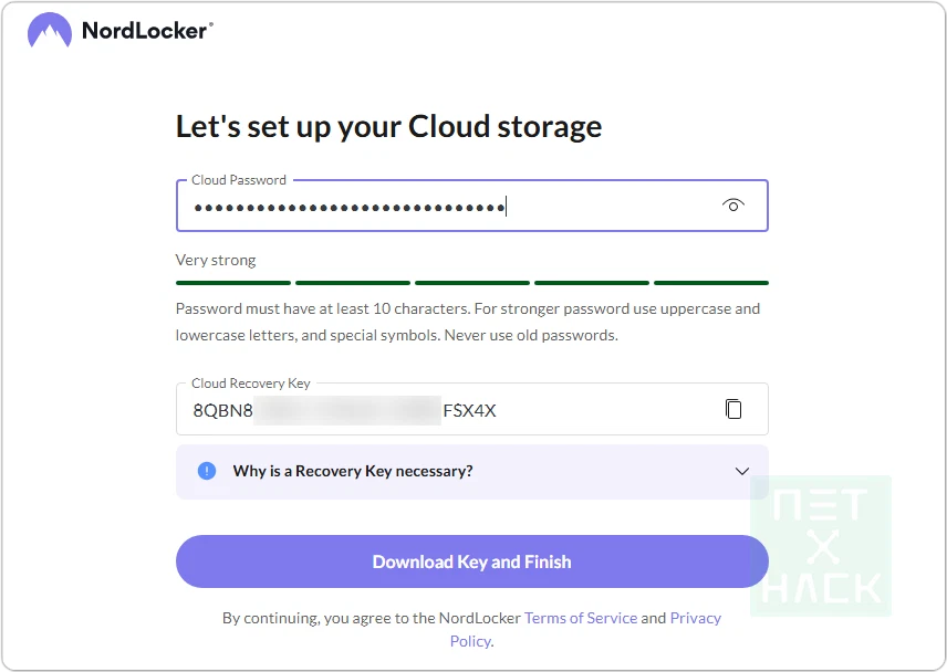 NordLocker 마스터 패스워드와 복구 키 생성