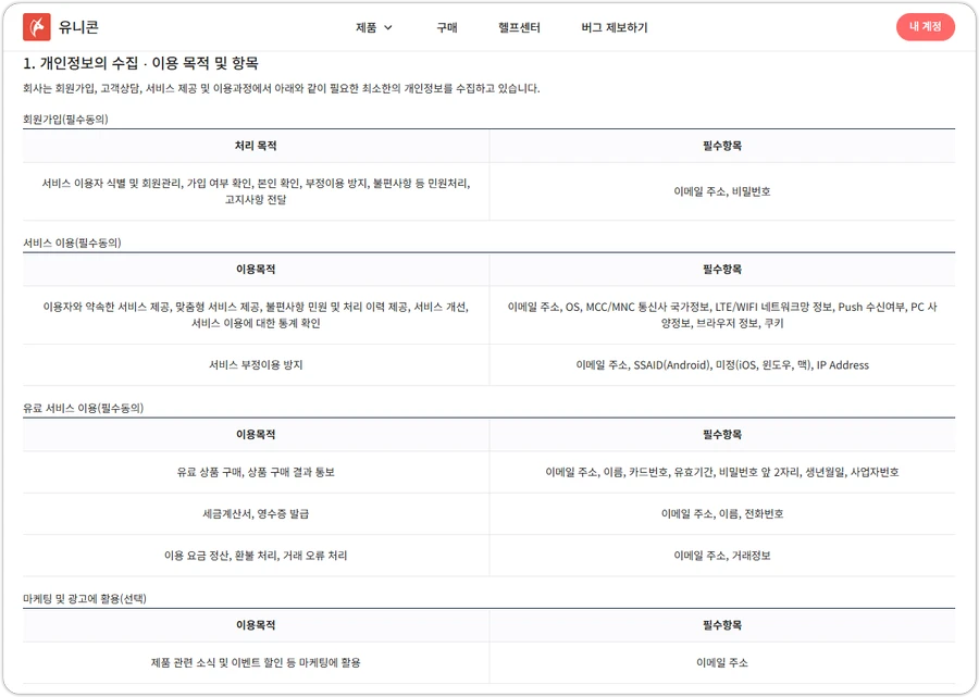 Https 유니콘 / 유니콘 Pro 개인정보보호정책 수집 항목