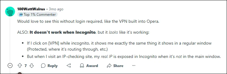 비발디 브라우저 프로톤 VPN 확장프로그램이 incognito 모드에서 IP 라우팅이 되지않아 아이피 주소 유출.