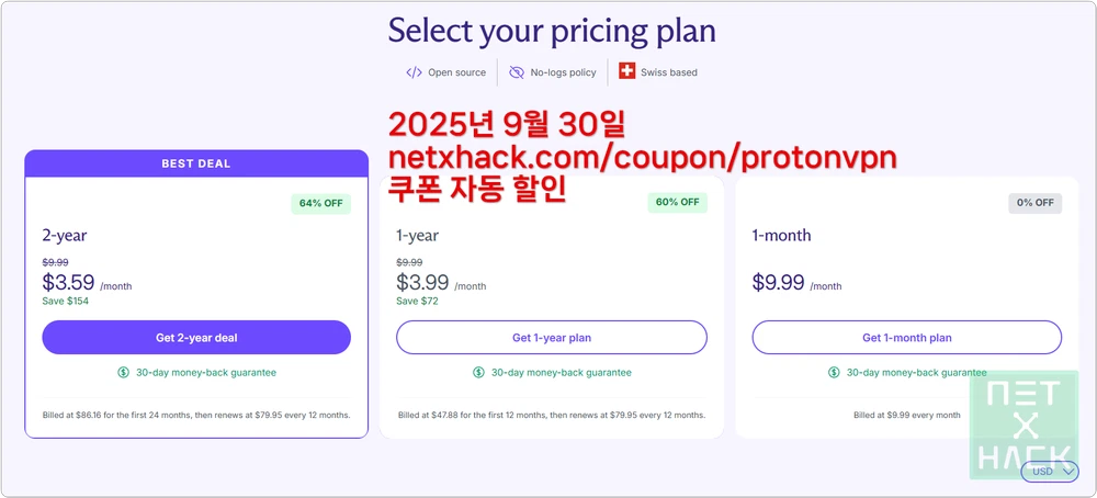 ProtonVPN Netxhack 쿠폰 할인 적용 가격