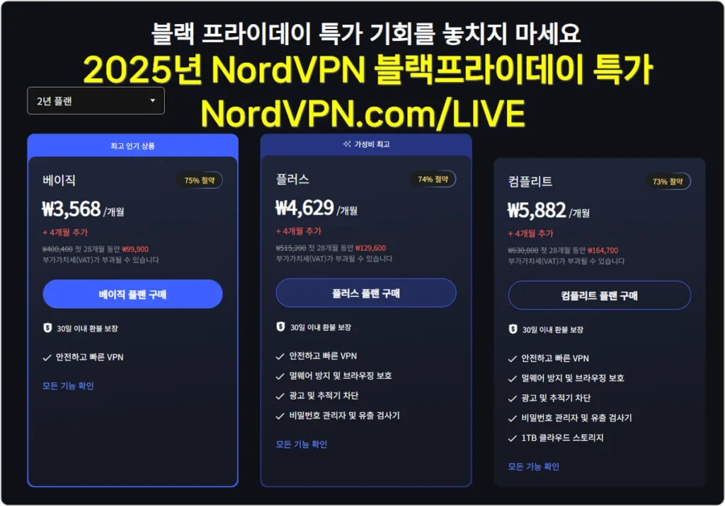 2025년 NordVPN(노드VPN) 블랙프라이데이 특가 - 할인 쿠폰 적용 방법 2026년 1월까지 적용되는 가격.