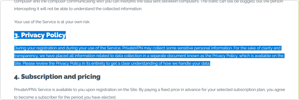 PrivateVPN 個人情報保護ポリシー no Log