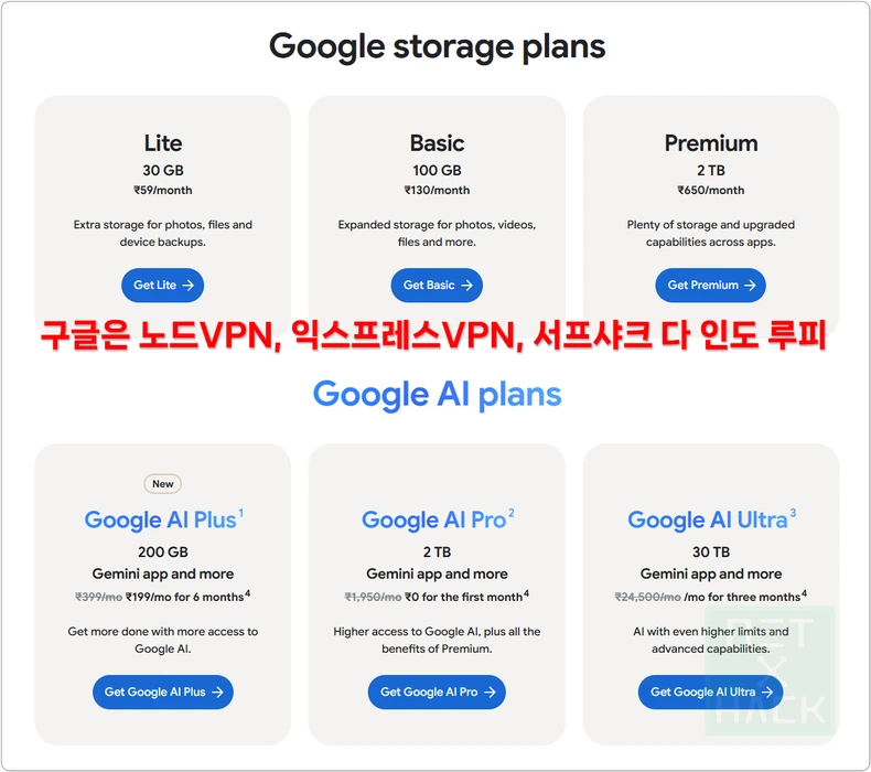 구글 AI, 스토리지 플랜 인도 우회 루피 결제 시도 (노드VPN, 익스프레스VPN, 서프샤크)